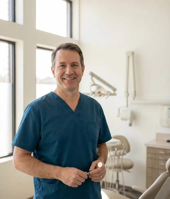 Friendly male dentist welcoming patients