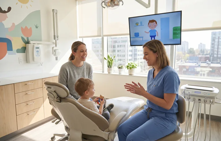 Dentist speaking warmly with a parent and child after a visit