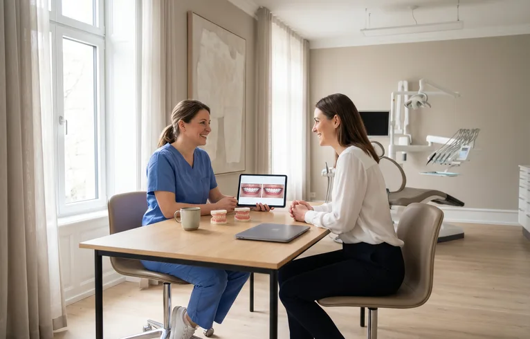 Dentist and patient smiling during a cosmetic consultation