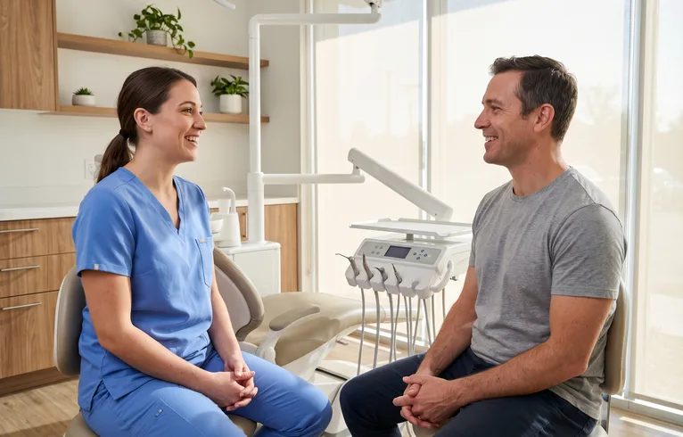 Dentist speaking reassuringly with a patient