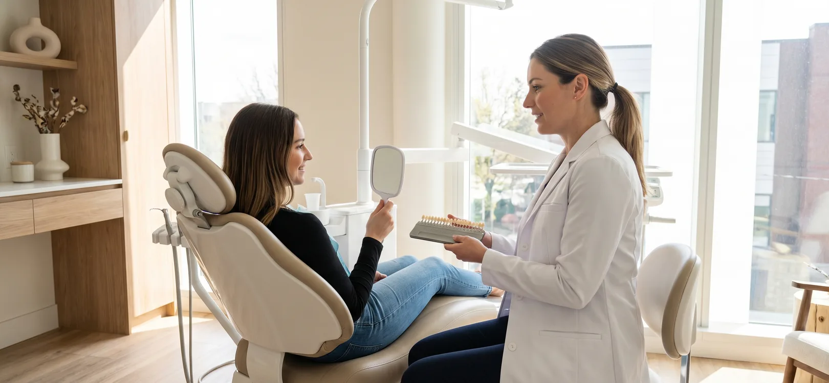 Dentist discussing cosmetic smile improvements with a patient