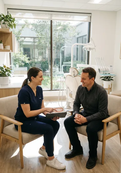 Dentist and patient talking about subtle smile enhancements