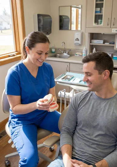 Hygienist discussing home-care guidance with a patient