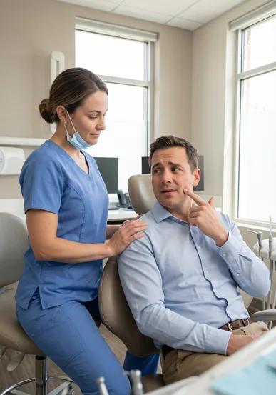 Dentist reassuring a concerned patient during an urgent dental appointment