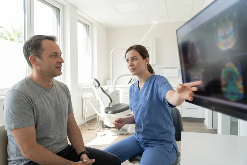 Dentist explaining exam findings to a patient